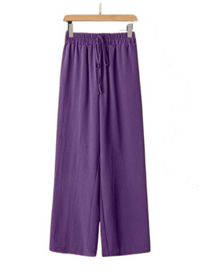 بنطلون نسائي واسع الساقين، بخصر مطاطي ورباط، مقاس حر، مناسب للارتداء اليومي. - Image 1